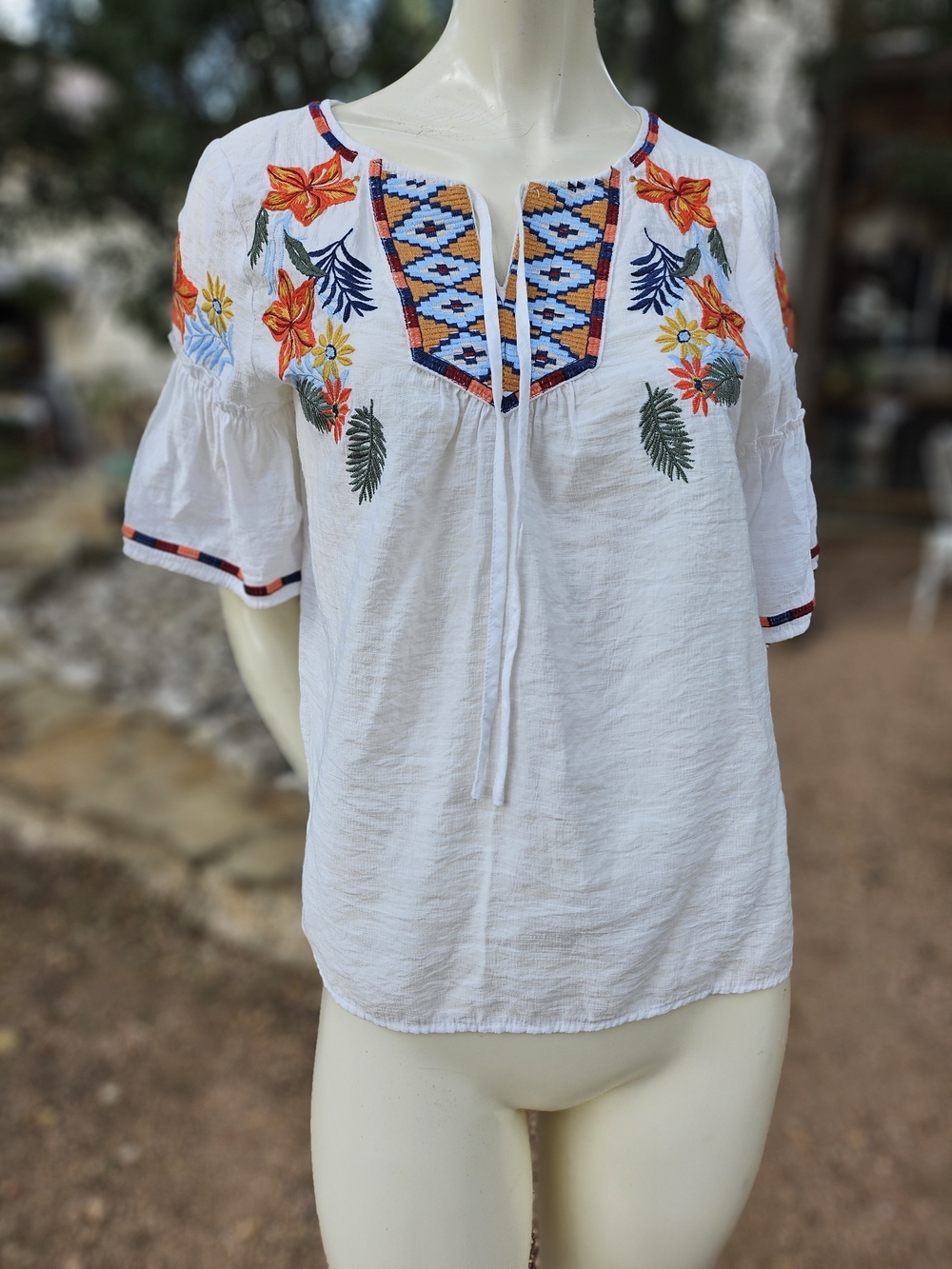 THML White Embroidered Floral Peasant Top with Colorful Yoke S